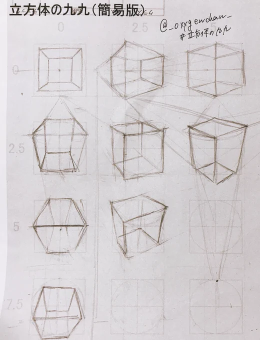 #立方体の九九 

ここまで描いて消失点とアイレベルを左右縦で統一すればもっと掴みやすかったのではないかと気付いて猛省
2点ですらわからないのに3点の消失点どこにあるのか全くわからず、立方体が丸と四角からずれてしまってる… 
