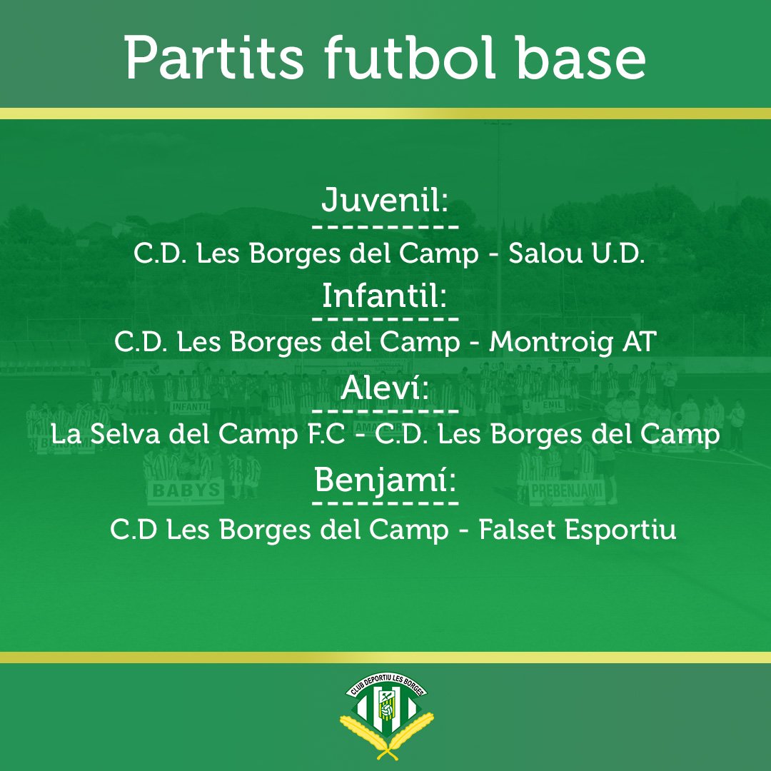 cdlesborges's tweet photo. Hola Borgencs i Borgenques! Aqui teniu els partits d'aquest cap de setmana! #forçaborges #futbolbase #futcat https://t.co/kRCKcN9dyx