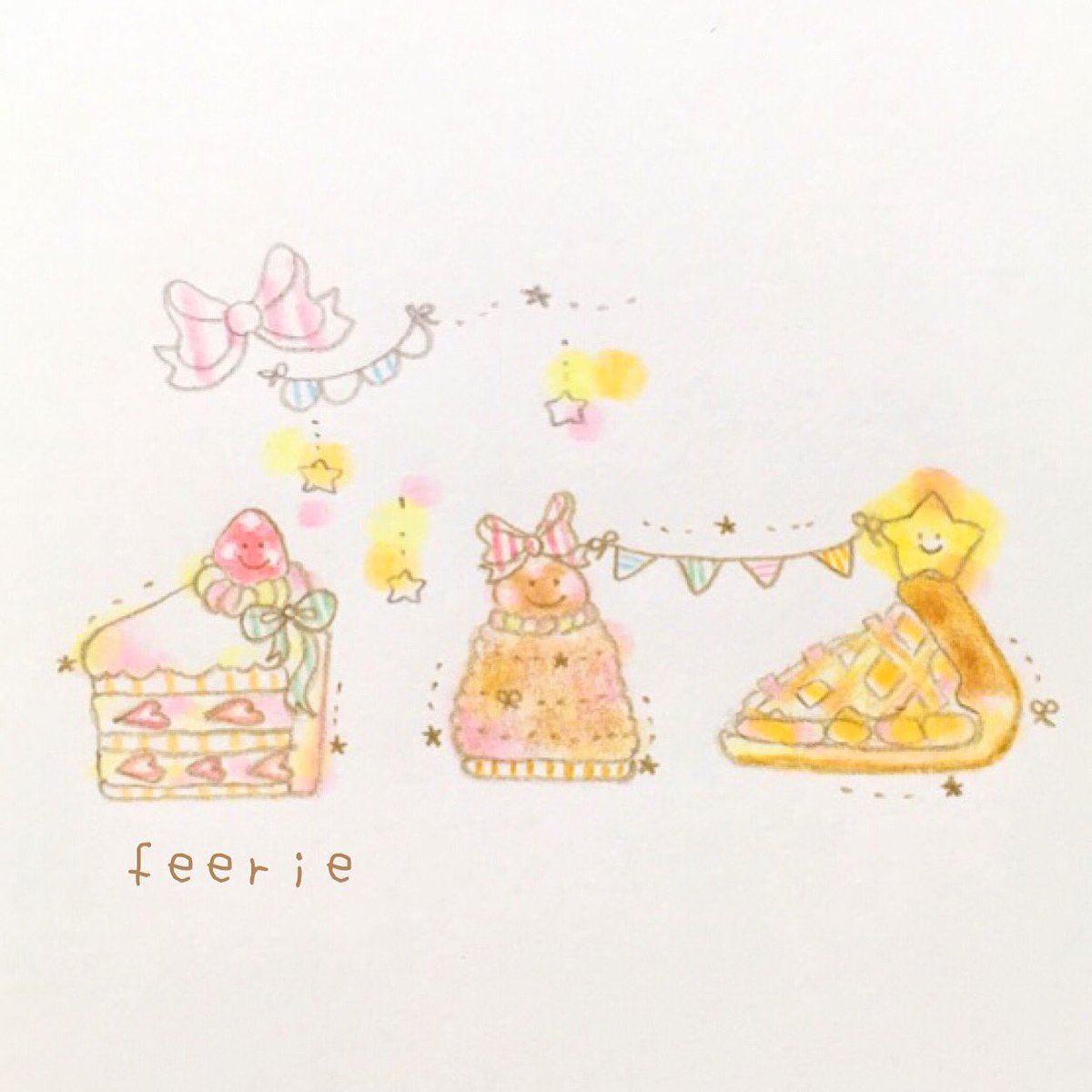 Feerie いちごのショートケーキを見ると キュンとします でも 食べるなら モンブランとアップルパイがすきです かわいくて おしゃれで 見るひとも たべるひとも みんなニコニコにちゃう ケーキさんたちに憧れます イラスト 色鉛筆