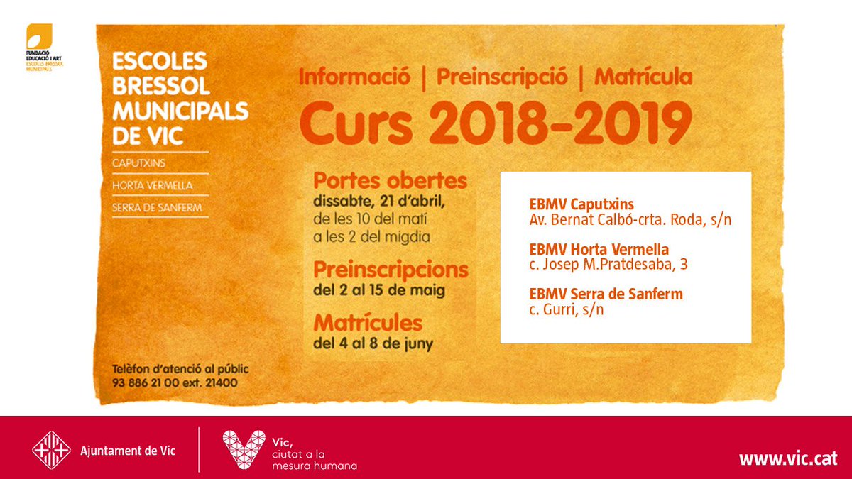 vic_educacio's tweet photo. 📣Demà JORNADA DE PORTES OBERTES de les Escoles Bressol Municipals de #Vic.
📆Dissabte, 21 d'abril
🕙De 10h a 14h
📍EBMV Serra de Sanferm, EBMV Caputxins, EBMV Horta Vermella https://t.co/H2qzLRzKf8