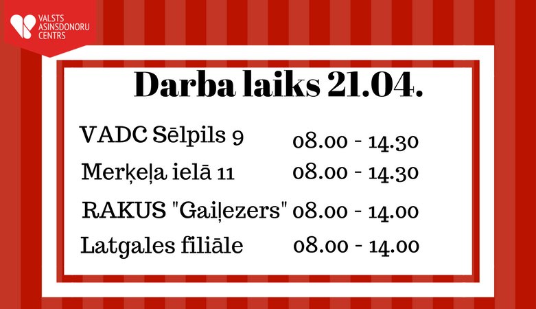 AsinsDonori's tweet photo. Rīt, 21.04. asinis ziedot varēs:
 ✔️VADC Sēlpils ielā 9 no pulksten 08.00 līdz 14.30.
 ✔️Donoru pieņemšanas vietā Merķeļa ielā 11 no pulksten 08.00 līdz 14.30.
 ✔️RAKUS "Gaiļezers" ASN no pulksten 08.00 līdz 14.00.
 ✔️Latgales filiālē no pulksten 08.00 līdz 14.00. https://t.co/KI1Q1zpLp2