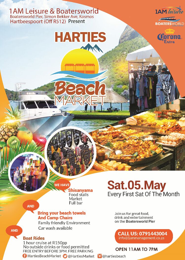 #HartiesBeachMarket #Hartbeespoort #Harties May5 11am to 7pm
#Madibeng #WeDoTourism <a href="/corona/">Corona</a> Entry free before 3pm.