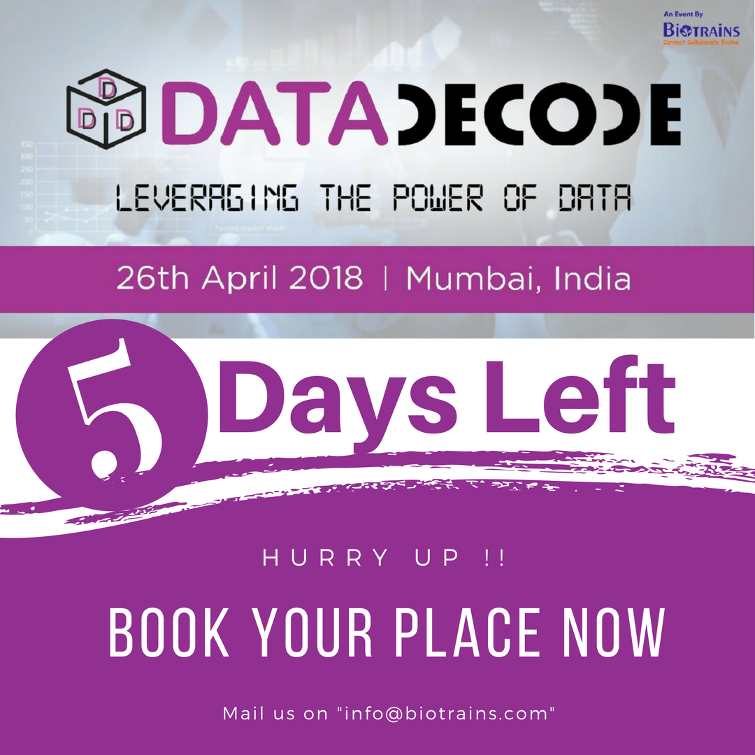 Biotrains's tweet image. #DATADECODE SUMMIT 2018
Only 5 days left !! Hurry up Guys... Book your place now and get a chance to meet up with top pharma industries representatives.
Mail us on info@biotrains.com or fill the form in given link..datadecode.biotrains.com/RegisterNow.php