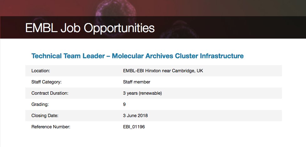 EMBLEBIjobs's tweet image. Technical Team Leader - Molecular Archives Cluster Infrastructure Development team @emblebi, the team behind the delivery of software for @enasequence, @EGAarchive, #BioSamples + cloud projects as the @humancellatlas Data Coordination Platform #EMBLjobs embl.de/jobs/searchjob…
