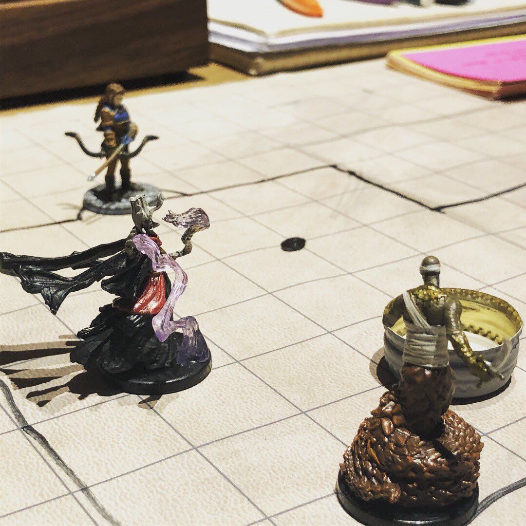 ConditionNerd's tweet photo. “Oh, sorry guys I didn’t realize you were in a meeting.” My ranger Lydia stumbles into a meeting between #Acererak and #RasNsi (This is why you don’t step on mysterious teleportation platforms!) #tombofannihilation #dnd #wotc #archlich #yuanti #omu #dungeonsanddragons https://t.co/AFGQvcHKCN