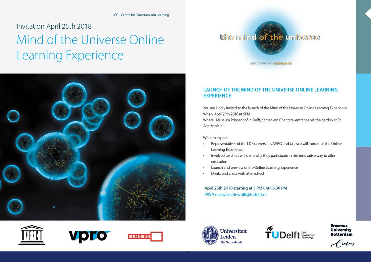 LDECEL's tweet photo. Wednesday April 25th at 5 PM the Mind of the Universe Online Learning Experience will be launched! Feel welcome at museum Prinsenhof in Delft (RSVP c.s.f.walsariewolff@tudelft.nl) https://t.co/Fucf62641t