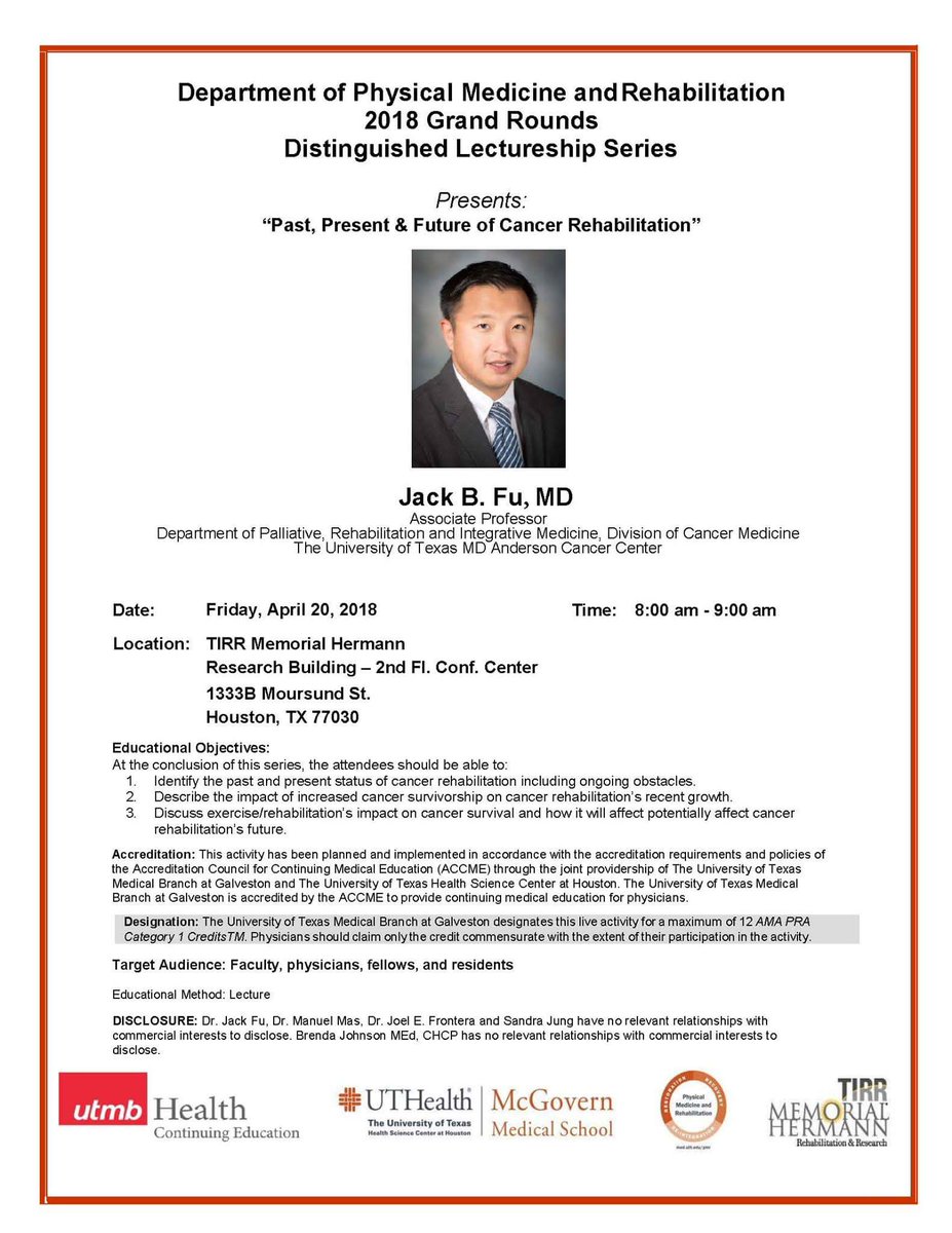 Join us live at 9AM EST/8AM CST for <a href="/UTHPMR/">UTHealth Houston PM&R</a> and <a href="/McGovernMed/">McGovern Med School</a> Grand Rounds Lecture. "Past, Present and Future of Cancer Rehab" with <a href="/JackFuMD/">Jack B. Fu, MD</a> #Physiatry #PMR uthealth.webex.com/uthealth/onsta…