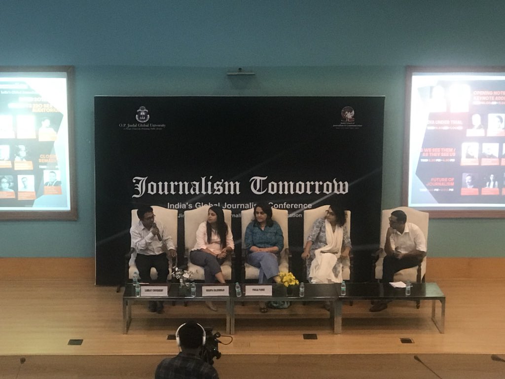 anushreedua's tweet photo. INDIA'S INAUGURAL GLOBAL JOURNALISM CONFERENCE 2018: JOURNALISM TOMORROW Last session for the day-FUTURE OF JOURNALISM.
#globaljournalismconference #dontrunaway #paneldiscussion #events2018 #JSJC #JGU @JindalGlobalUNI @kishalay @KajoriS @derrindo @KhabarLahariya @dhanyarajendran https://t.co/kHxuNjjEQ6