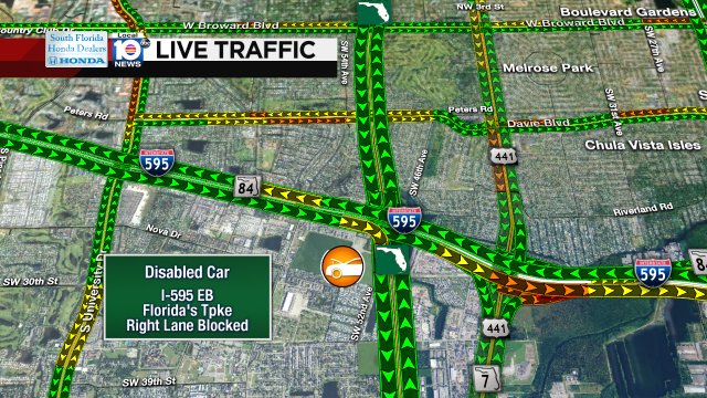 DISABLED CAR: I-595 EB & Florida's Tpke. A right lane is blocked. #TRAFFIC https://t.co/aOaclpcanp