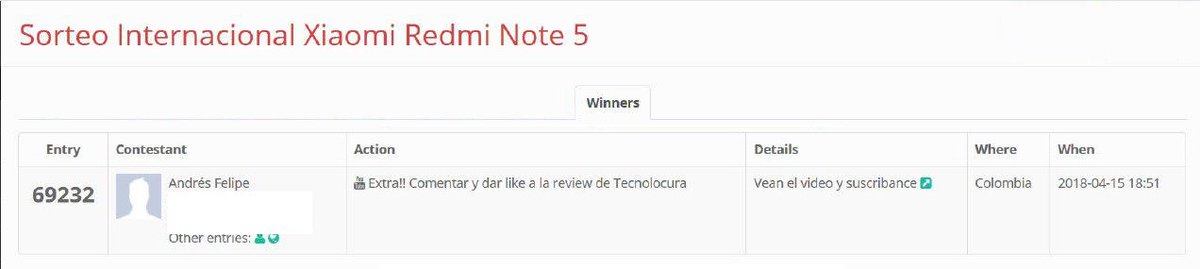 Ya tenemos ganador de Xiaomi Redmi Note 5 gracias a la tienda <a href="/infofreak_es/">InfoFreak</a> 
ENHORABUENA Andrés Felipe!!! Destino Colombia 😎

Muchas gracias a todxs por participar! Suerte para el próximo!
Y muchas gracias a <a href="/NewDroy/">Newdroy</a> por su colaboración 😋
#FelizFinde a todo el mundo 😚