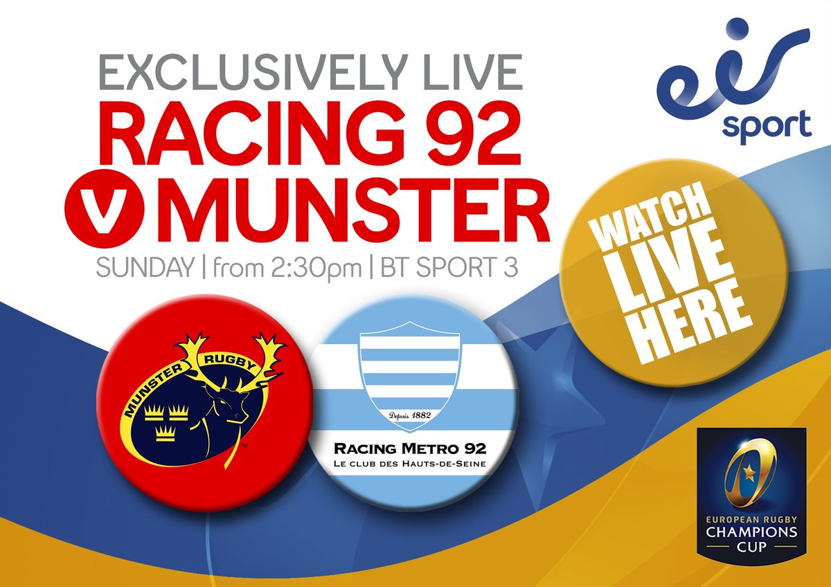 eirSportpubs's tweet photo. @ChampionsCup Semi Final this Sunday on the eir Sport pack;
@racing92 v @Munsterrugby 
📺 BT Sport 3
⏱️ 3:30pm https://t.co/GUgOlxF4k0