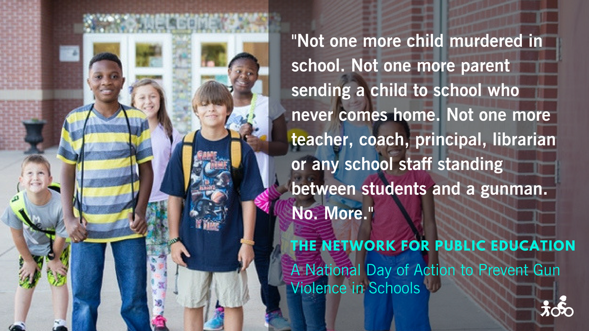 SafeRoutesNow's tweet photo. Today is the National Day of Action to Prevent Gun Violence in Schools. On the anniversary of Columbine and inspired by #ParklandStrong, join the @Network4PublicEd in saying “No More” to the horrors of gun violence. https://t.co/pbFEH8W43P #NationalSchoolWalkout https://t.co/7pHRg0wI5B