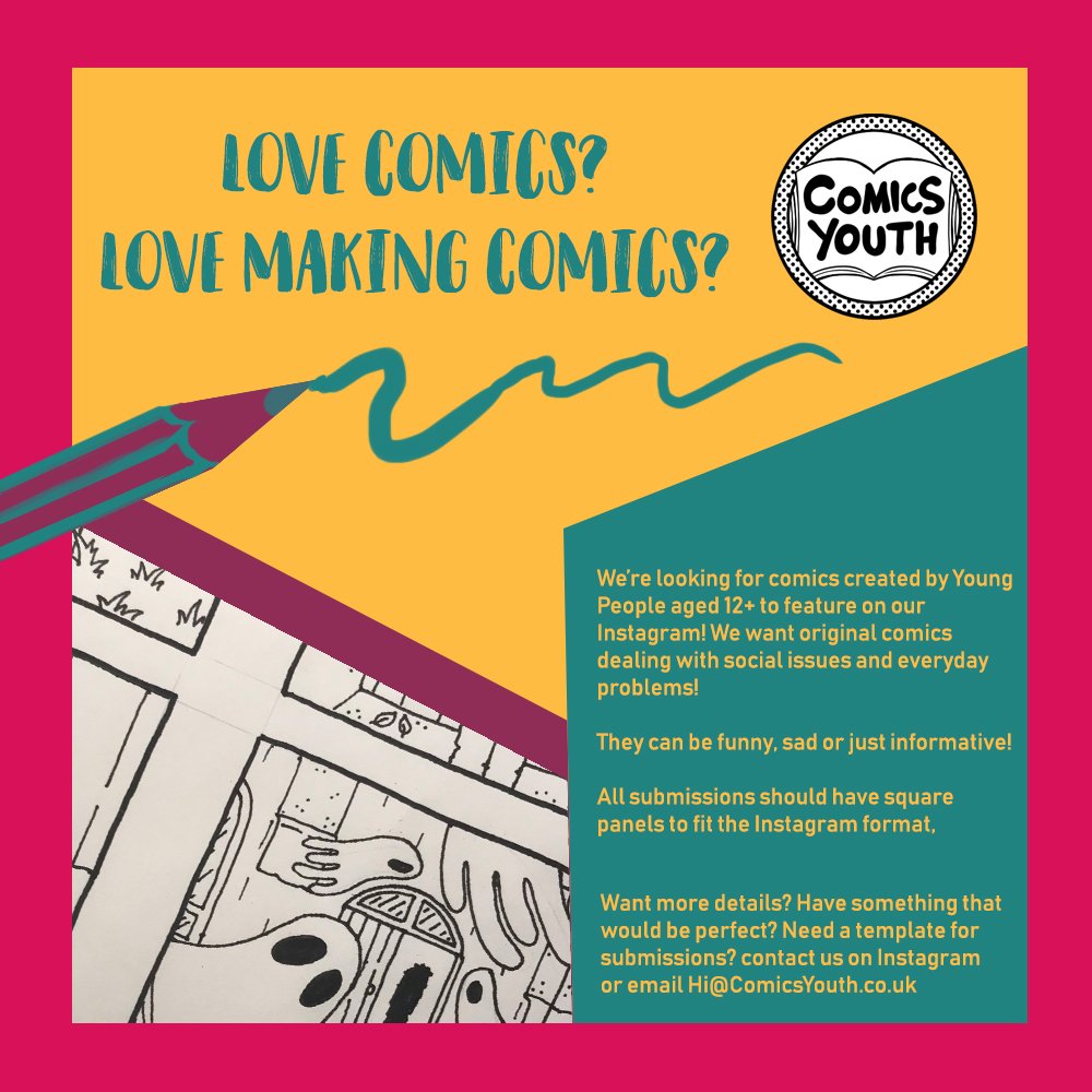 Comicsyouth's tweet image. We're looking for young people (12+) to create comics exploring mental health topics for our Instagram! Send us a message for more details on how to get involved #comics #callforartists #mentalhealth #selfcare #createcomics