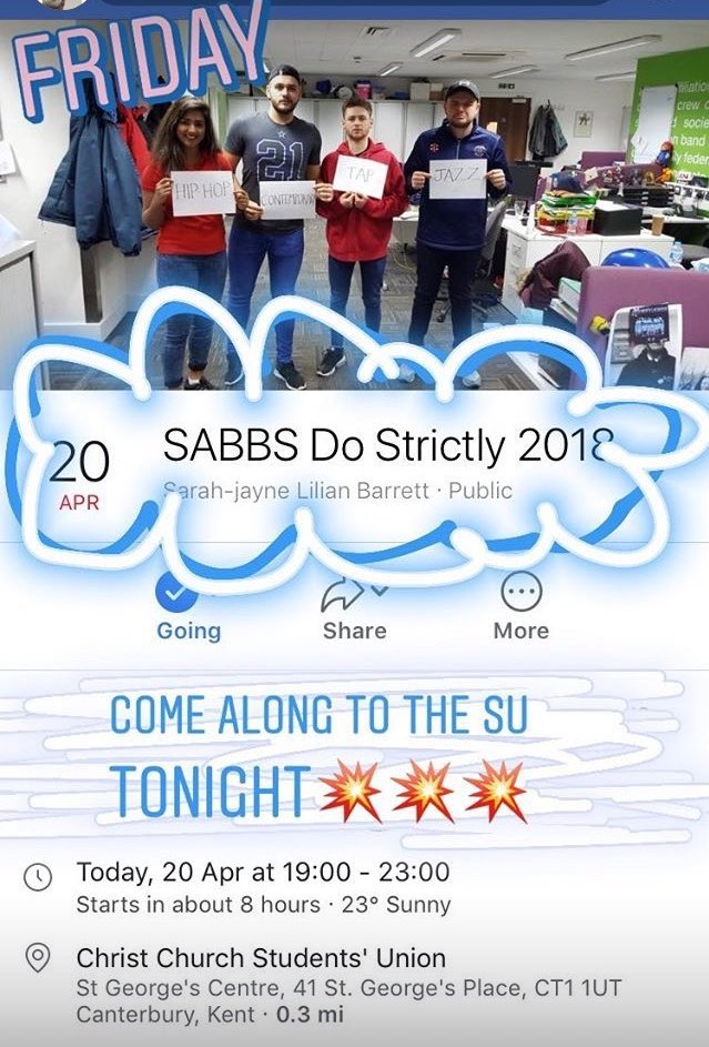 CCCU_dance's tweet photo. Tonight is the night! Get yourselves down to the SU at 7pm for a 7:30 start!🕺🏻#SABBSDoStrictly2018 https://t.co/xNFYQY0H2L https://t.co/M41GsNbHG0