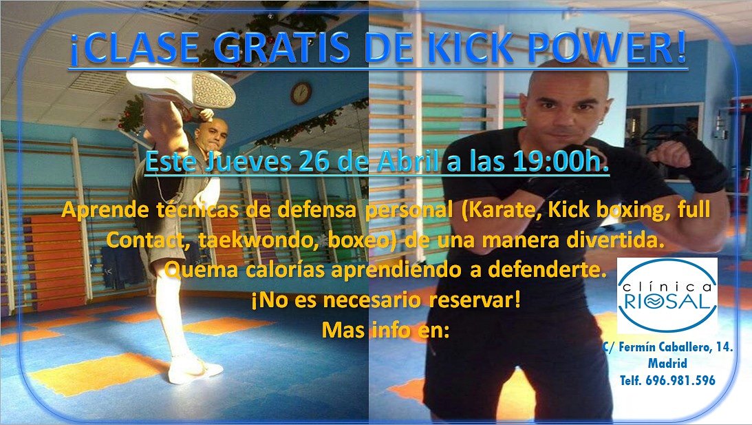 Clinica_Riosal's tweet image. CLASE GRATIS DE KICK POWER. ESTE JUEVES 26 DE ABRIL A LAS 19:00H.

#RIOSAL #KICKPOWER #KARATE #BOXEO #TAEKWONDO #KICKBOXING #FULLCONTACT #DEFENSAPERSONAL #DEFENSA #PERSONAL #CLASES #GIMNASIO  #MADRID #GRATIS #GRATUITO #PERSONALTRAINER  #GYM