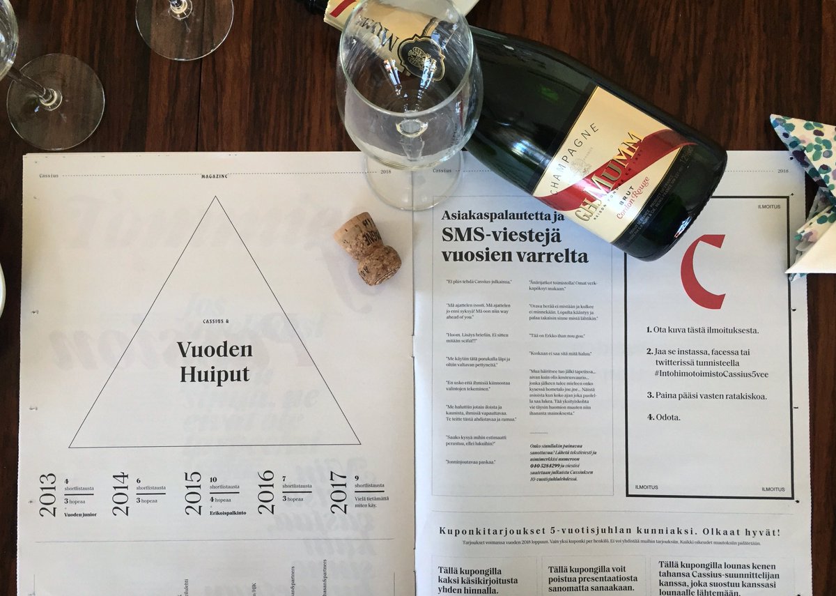 Viisi vuotta, 36 shortlistausta, 15 hopeaa ja 2 erikoispalkintoa. Kiitos taas eilisestä <a href="/vuodenhuiput/">Vuoden Huiput</a> #IntohimotoimistoCassius5vee