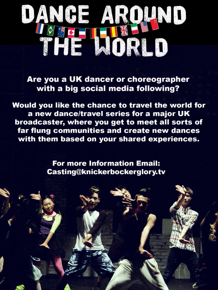 <a href="/SachaTVCasting/">TV CASTING</a> Are you a UK based dancer or choreographer with a big social media following?

Would you like the chance to travel the world for a new dance / travel series for a major UK broadcaster?

If so please email casting@knickerbockerglory.tv or tag your mates below!