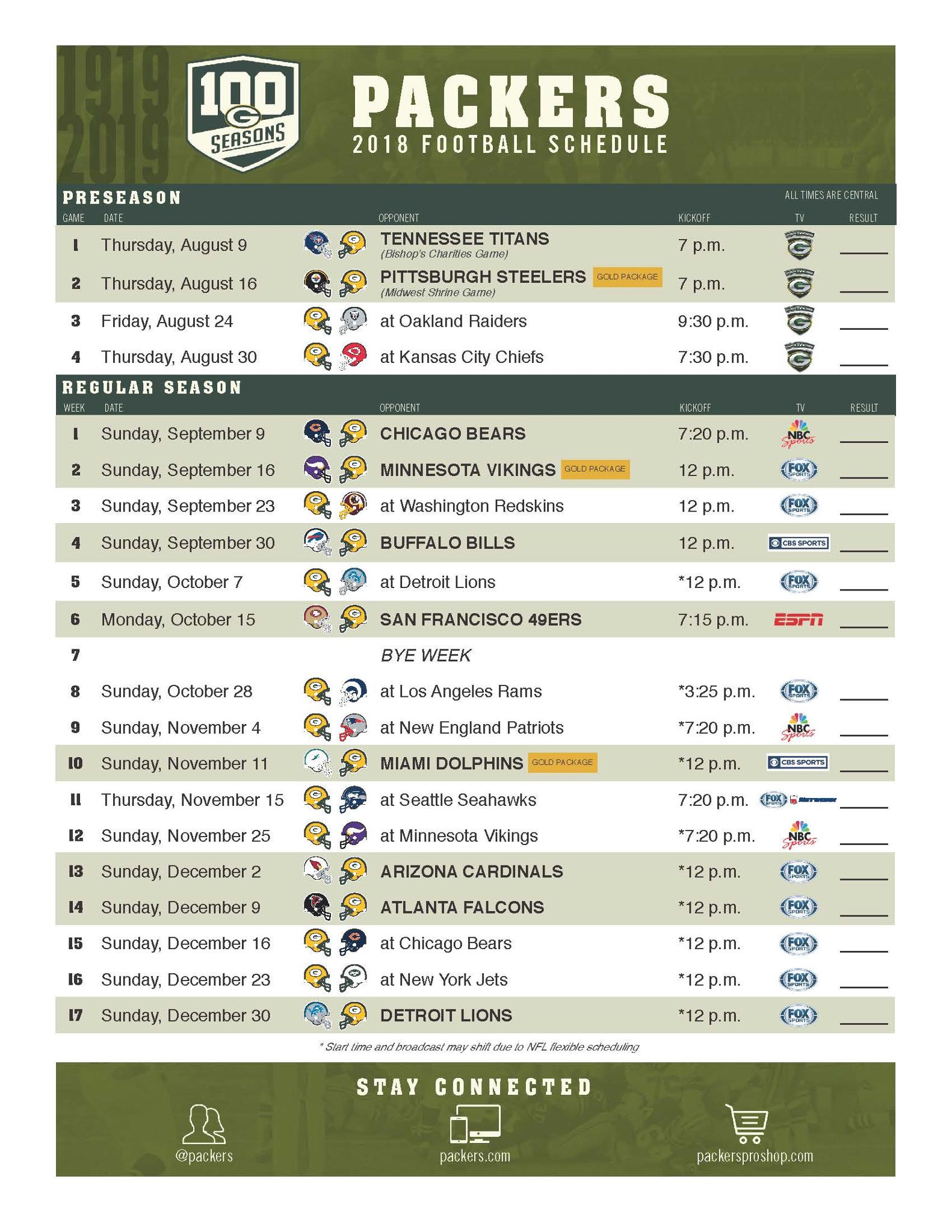 Green Bay Packers on Twitter: "Print off your 2018 #Packers schedule! 🖨️: https://t.co