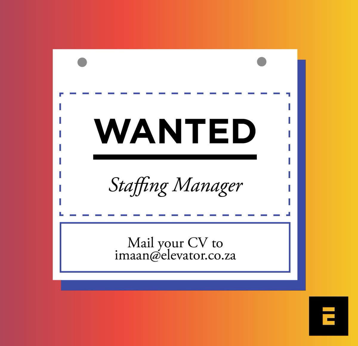 elevator_people's tweet photo. We're hiring! Looking for an amazing, hard working #StaffingManager who can fulfill any and all staffing elements across the agency. If this is you send your CV to imaan@elevator.co.za. More info here: https://t.co/Dml0DZRjC9 #marketing #JobSeekersSA #Johannesburg https://t.co/m7IKLR31O7