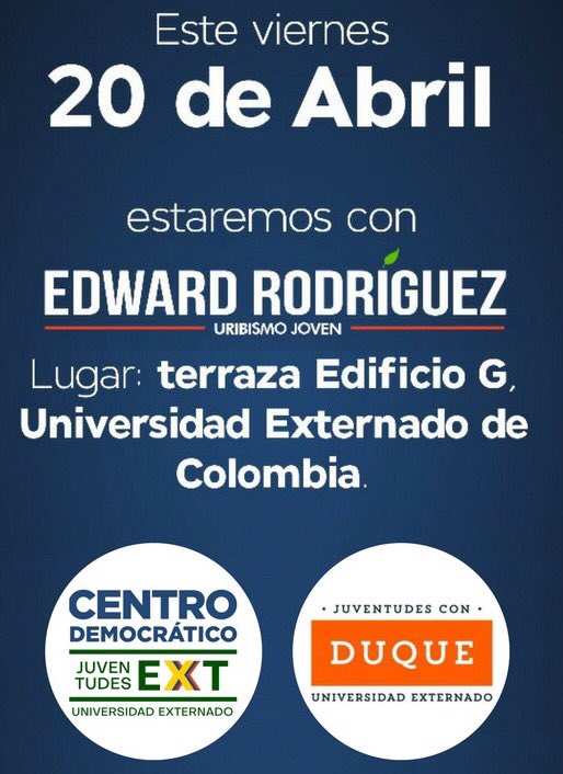 UEXconDuque's tweet photo. ¡Acompañanos en nuestro evento! Te esperamos para compartir un rato con el Representante a la Camara por Bogota @EDR_CD ! 🇨🇴🇨🇴 #ExternadistasConDuque #CDExternado #DuqueEsElQueEs https://t.co/oYKnHP1Kmp