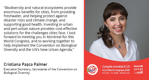 How can #biodiversity and natural #ecosystems benefit our cities? Join us from 19 to 22 June, where @CristianaPascaP from <a href="/CBDNews/">CBD News (Archive)</a> will be one of our keynote speakers. Find out more about the featured speakers and register now bit.ly/2p2bxRT #ICLEI2018
