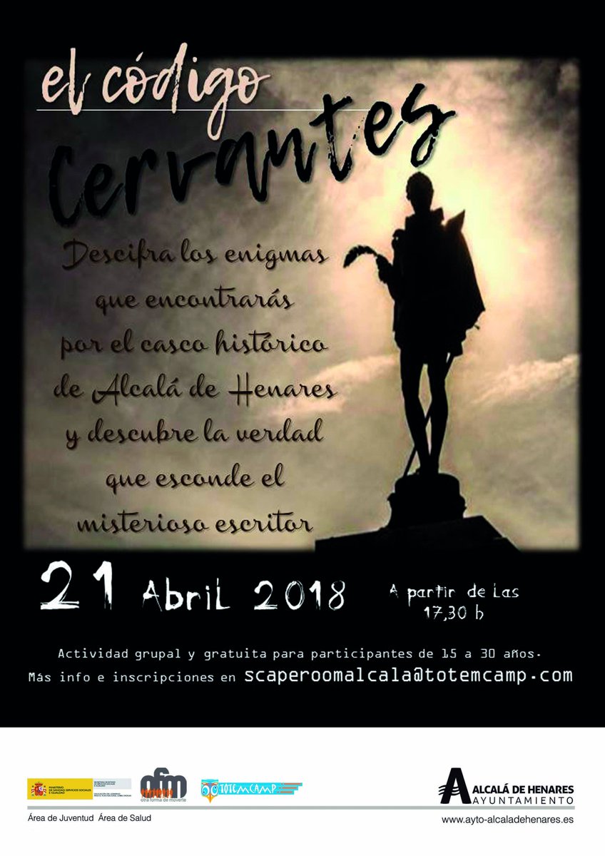 21 de Abril. Descifra los enigmas que encontrarás por el casco histórico de #alcaladehenares y descubre la verdad que esconde el misterioso escritor!!!! Inscripciones a: scaperoomalcala@totemcamp.com