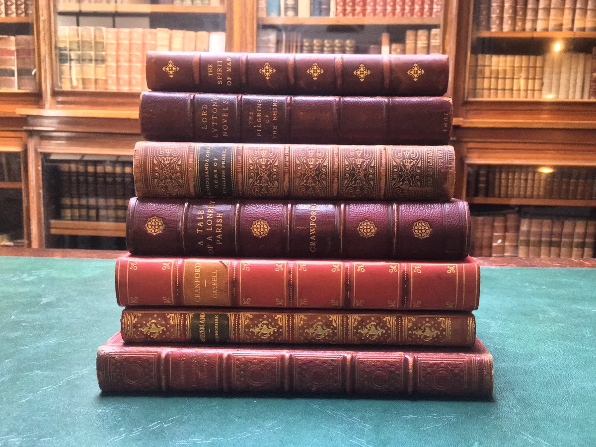 Rookebooks's tweet photo. It's #finebindingfriday and we thought we would share some of the many beautiful leather books we have catalogued this week. In this photo alone we have books bound by Hatchards, Bumpus, Bayntun-Rivière and Bickers can you guess which book matches the binder? 🕵️♀️🕵️ https://t.co/1bXmw3DIXh