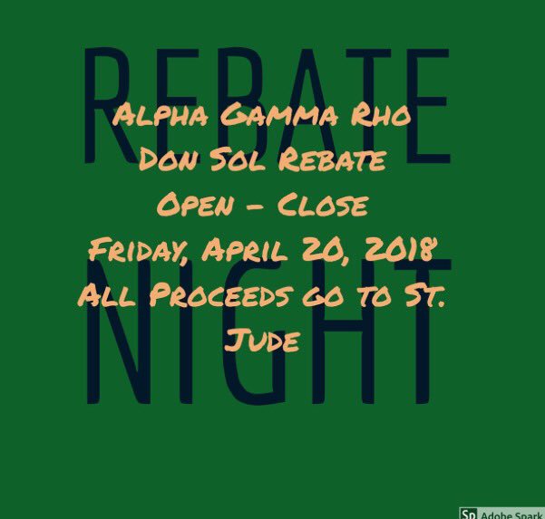 AGRAlphaOmega's tweet photo. Come on out to Don Sol for our rebate night tonight for the kids of St Jude's. Make sure to show them this flyer when you pay. We hope to see everyone there. https://t.co/DqSwytGqPi