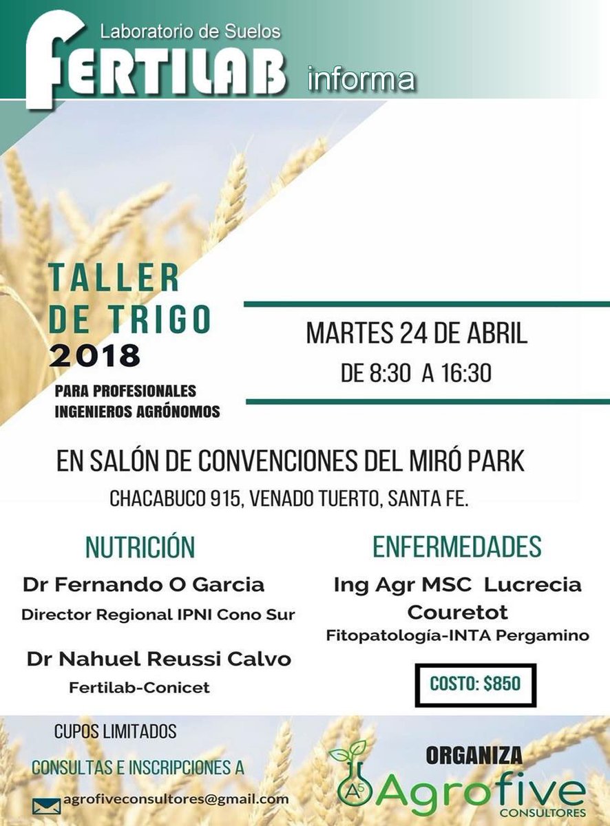 FarallAndres's tweet photo. No te pierdas el Taller de Trigo, organizado por @FertilizarAC 
🕣✍️ 24/04 - 8.30hs a 16.30hs - 📍Venado Tuerto https://t.co/d7c9ROsgDf