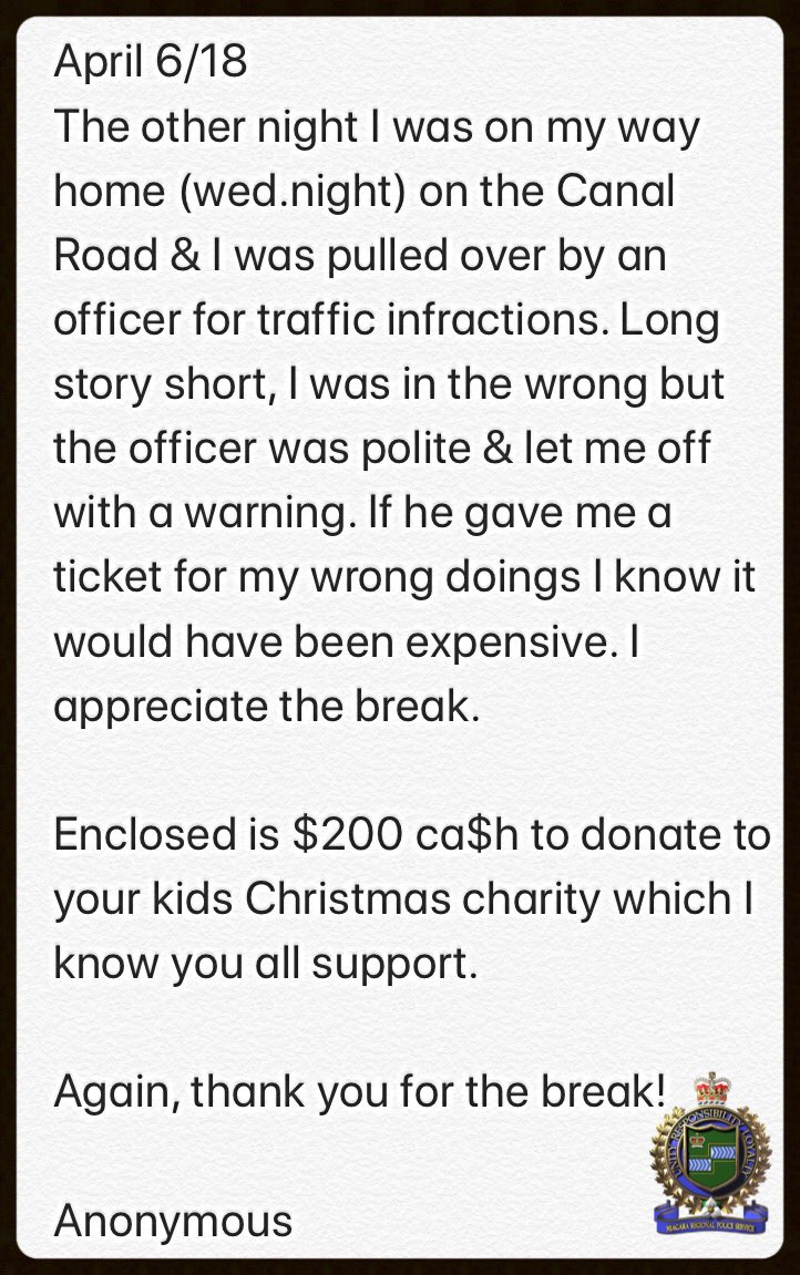 NiagRegPolice's tweet photo. Here is some great feed for us and an example of some of the awesome people living in the @NiagaraRegion (Original letter and transcript photos). The money will be put aside and given to a family in need at Christmas as requested. #FirstForUs https://t.co/kJDJPG7EQV