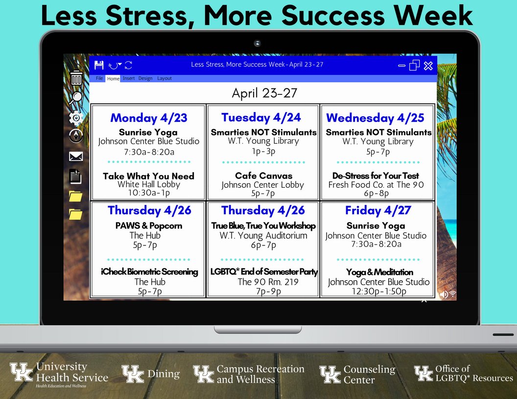 UHSPaws's tweet photo. Monday is the start of dead week!! 🤸♂️ Stress impacts the body in many ways. By attending some #LessStressMoreSuccessWeek events you can manage your stress and #StayWell!! #WellKentucky #AllThingsWellness https://t.co/8arLnZbGvB
