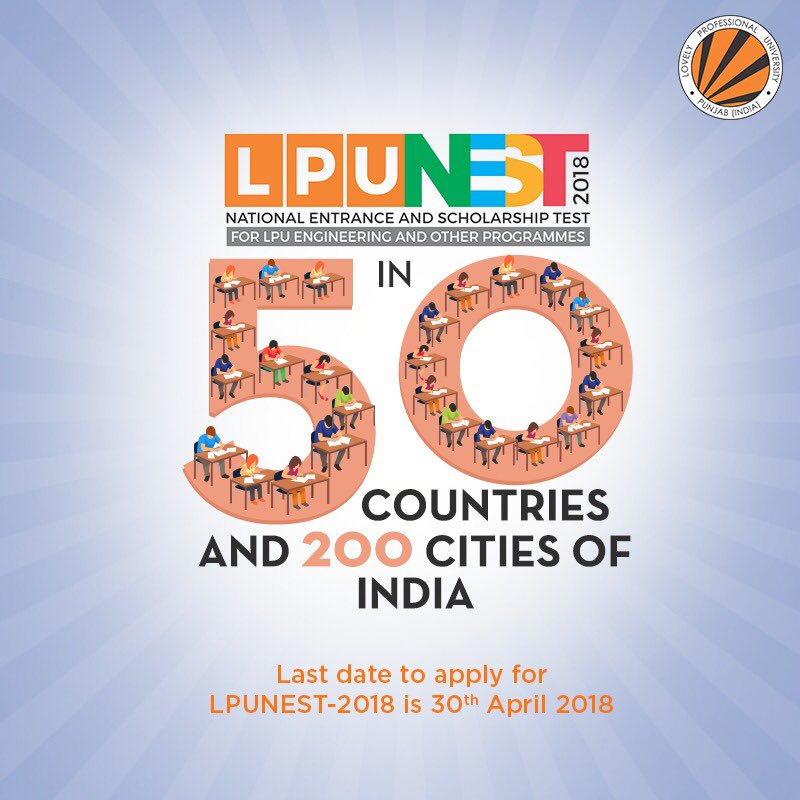 lpuuniversity's tweet image. From B.Tech, MBA &amp;amp; Law to Design, Hotel Management and Agriculture, LPUNEST provides you an opportunity to enroll in various programs at LPU. 
The last date to apply for LPUNEST-2018 is 30th April 2018. Apply now: nest.lpu.in/main.aspx 
#ThinkBIG #LPUNEST #LPU