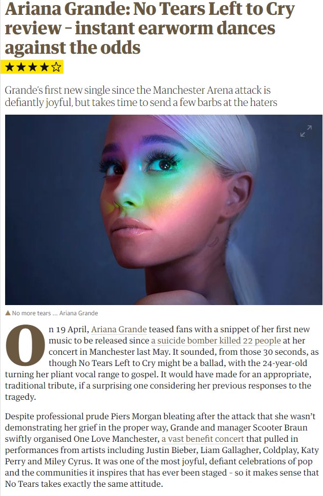 PopCrave's tweet photo. The reviews are in: The critics are loving #NoTearsLeftToCry !

Guardian: "It’s an instant earworm. [...] An unlikely pop hero."

Billboard: "A grower, not to be fully appreciated on first listen."

Variety: "The breeziest, most danceable kind of post-traumatic recovery anthem." https://t.co/rsTlNv7gCU