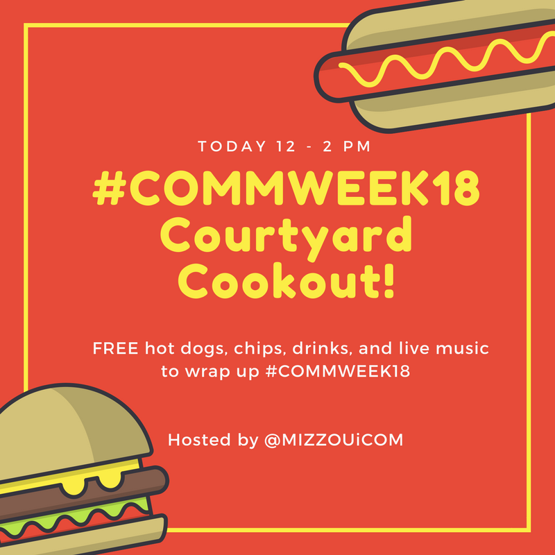 MizzouComm's tweet photo. It's been a fantastic week! We're excited to wrap up #commweek18 with our annual courtyard cookout hosted by @MIZZOUiCOM See you soon for FREE hot dogs, chips, drinks, and live music!!! https://t.co/jtJIlBwxtF