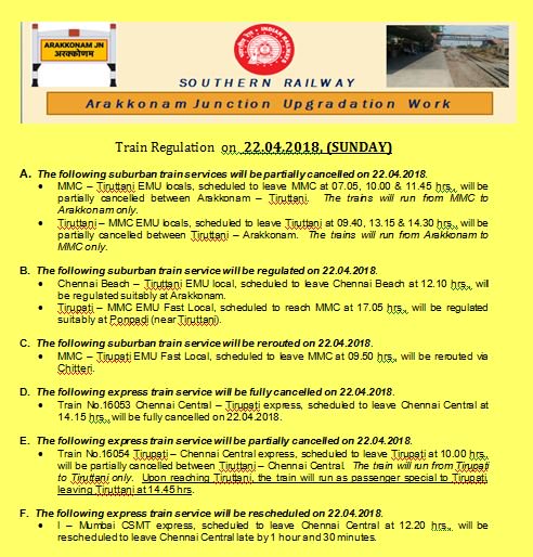 Train Regulation on  22.04.2018, (SUNDAY) (3) <a href="/DrmChennai/">DRM Chennai</a> <a href="/DRMTPJ/">DRM - Tiruchchirappalli</a> <a href="/TVC138/">TVC Division</a> <a href="/drmmadurai/">DRM MADURAI</a> @propgt14 <a href="/SalemDRM/">DRM Salem</a>