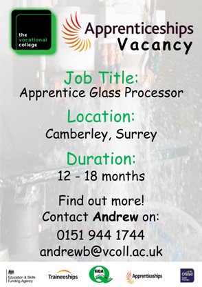 WEPROMISEFUTURE's tweet photo. Glas-Tek Ltd based in Camberley are looking for an Apprentice Glass Processor.  For further information and to apply https://t.co/SfJ9fUg71N https://t.co/NFazuJay3h