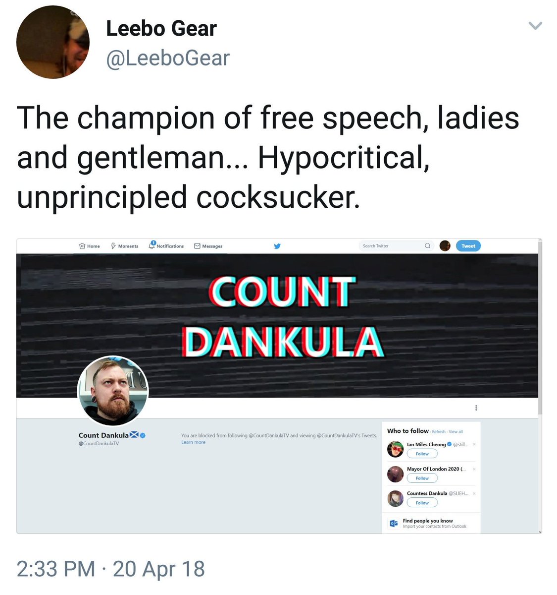 CountDankulaTV's tweet photo. Cries in my mentions for not doing what he was telling me to do.
Calls me a fenian.
Has absolutely no grasp of the fact I am focusing on possibly going to jail in 3 days and don't have time for his "commands".

I almost never block, but you were so god damn stupid you earned it. https://t.co/Lm5Zodphcc