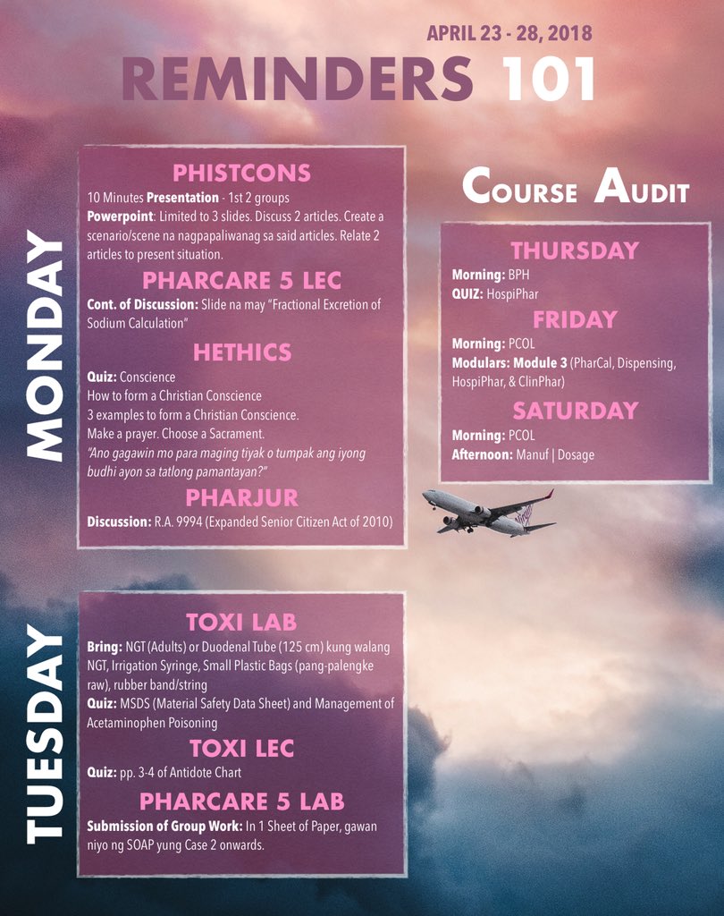 ustbpharmacy's tweet photo. [REMINDERS ✈️] For next week, April 23 to 28! 😙 https://t.co/355YbV3mP8