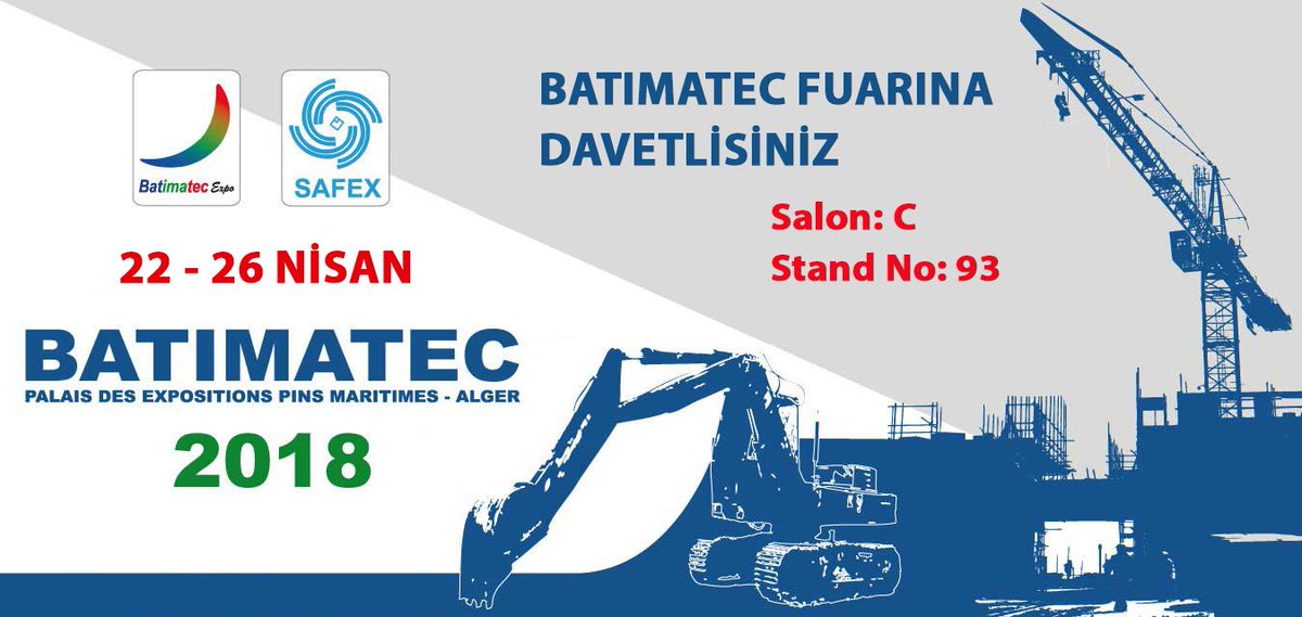 <a href="/TeknoAsfalt/">Tekno Asfalt</a> olarak, sizleri Cezayir’de gerçekleşecek olan #Batimatec fuarına davet ediyoruz. Özel teklifler ve yeni teknolojilerle sizleri karşılayacağımız fuarımıza herkesi bekleriz. 22-26.04 .2018 / Salon: C, Stand No: 93