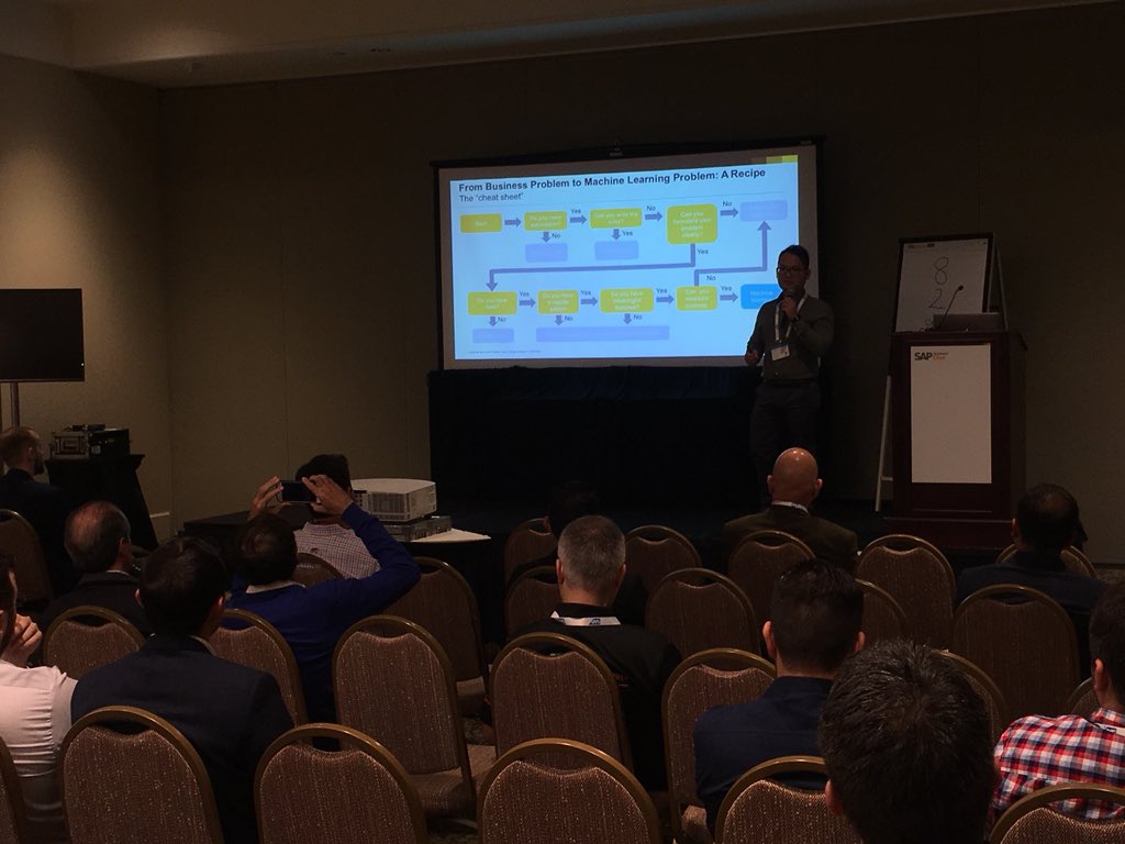 mendesthix's tweet photo. Room packed again with the bravest people attending to the earliest session on the last day of #SMBSummit2018 hearing what @YatseaLi and @Ralphive got to say about #AI, @sapcp Leonardo, #chatbot and extensibility integrating to #SAPBusinessOne https://t.co/gr9odcjUM5