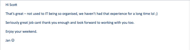 TeamiTD's tweet image. Nice to finish off the week with kind words from new client #simpleIT #happycustomers