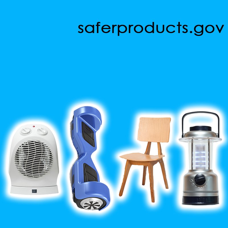 A blue background with four products across the bottom standing next to one another. A space heater, a hoverboard, a chair, and an electric lantern. At the top of the graphic it says saferproducts.gov.