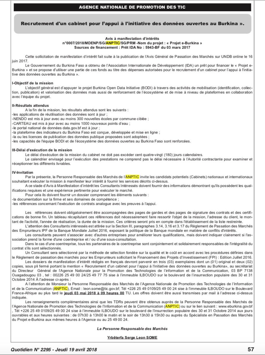 <a href="/OpenDataBurkina/">Open Data BF</a> recrute un cabinet pour l'appuyer <a href="/TICANALYSE/">Ticanalyse</a> <a href="/MysTIC_BF/">Mys'TIC Burkina</a> @TICMag2 <a href="/ticmagazinebf/">TIC Magazine BF</a> <a href="/YohannaLoucheur/">Yohanna Loucheur</a> <a href="/opendatacon/">International Open Data Conference</a> <a href="/kabconsi/">K.Constance</a> <a href="/Siableg/">Siaka BLEGNA</a> <a href="/FranckDeSales/">Kima Franck de Sales</a> <a href="/YONLIAlidaGisle/">YONLI Alida Gisèle</a> #lwili #OpenData #BurkinaFaso