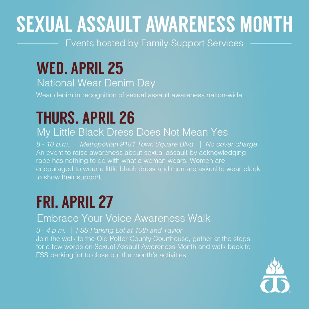 WTStudentHealth's tweet image. 1 in 5 women will be raped at some point in their lives and Amarillo leads the state of Texas in sexual assaults per capita. Make a change and join @FSSAmarillo for their #SexualAssaultAwarenessMonth events.