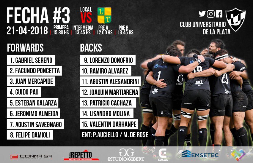 universitariolp's tweet photo. 🏉🏉Así formarán Las Panteras para recibir a @clublostilos en Gonnet! Hay pronóstico de buen rugby. 👆🏻Tenes que estar, vení a alentar al albinegro!! 🏴🏴#SentimientoPantera2018 #LaVidaPorLosColores #VivíElRugby https://t.co/LxU9WuMfCW