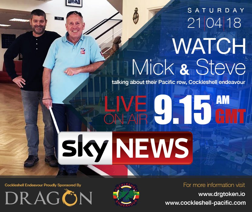 dragoncoin's tweet photo. Dont forget to tune into SKY NEWS tomorrow morning (21/04/2018) from 9:15 AM GMT onwards to watch MICK &amp; STEVE Live on air talking about their Pacific row Cokleshell Endeavour, 

Dragon is proud to sponsor #Cockleshell Endeavour.

#DRG  #PacificRow #DragonToken https://t.co/KGC5RZdhFR