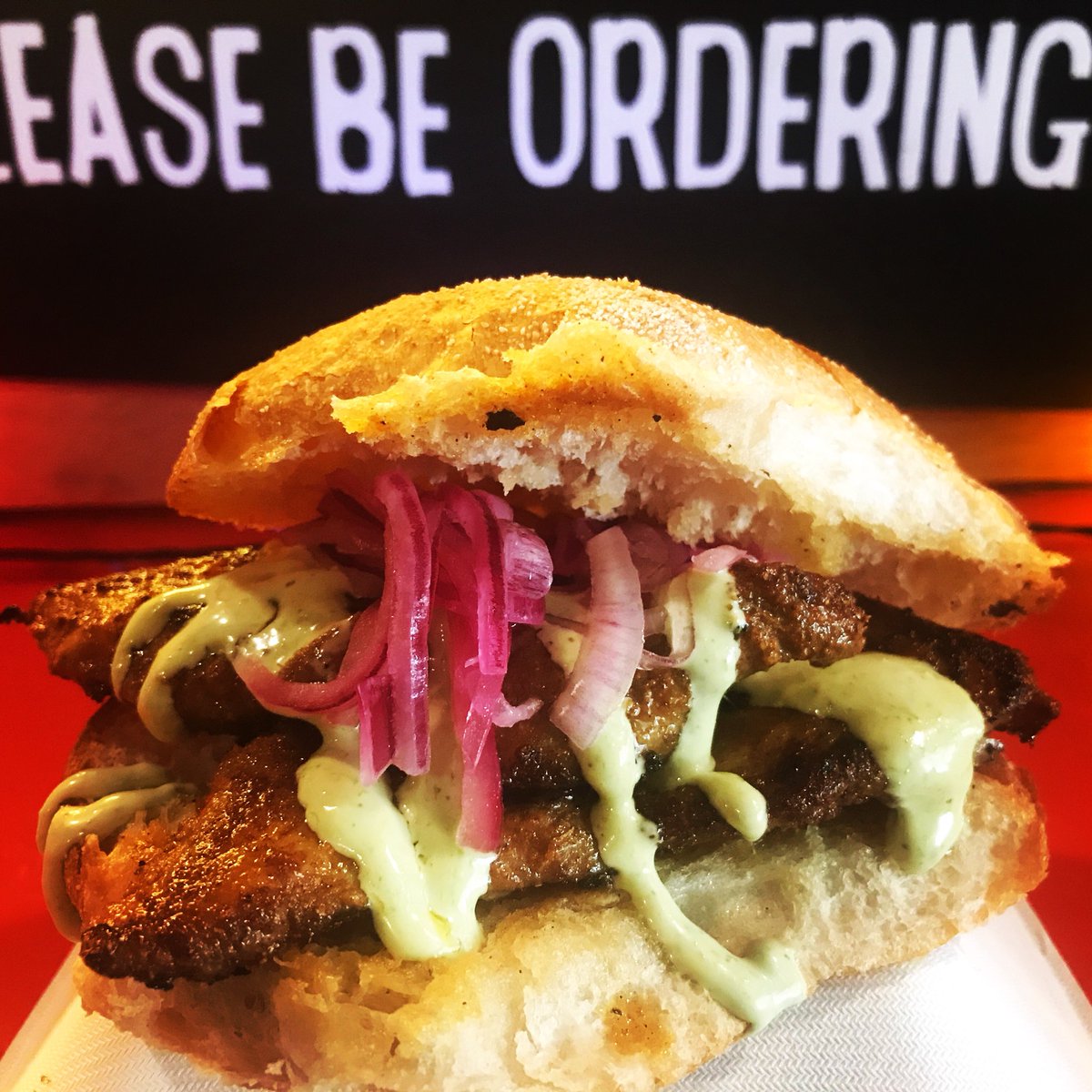Fish Fry Butty topped withe red onion pickle, lashings of coriander and green chilli mayo on Glasgow’s fabulous Morton rolls <a href="/PLATFORMgla/">Platform</a>
