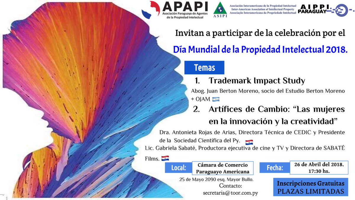 Celebraremos el Día Mundial de la Propiedad Intelectual con dos temas primordiales. El evento comenzará a las 17.30 horas. Les esperamos! #worlddipday @Juanitokillbill <a href="/GabrielaSabate/">Gabriela Sabaté</a> <a href="/SCientificaPy/">Sociedad Científica del Paraguay</a>