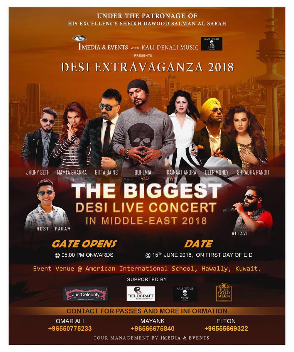 LatinaTurk's tweet photo. The Biggest Desi Live Concert in Middle East 2018 ππ½
@kalidenalimusic @imediakuwait
Powered by+ via #GoldMedia #KDMGold
#Bohemia π https://t.co/siUU4hpjJS