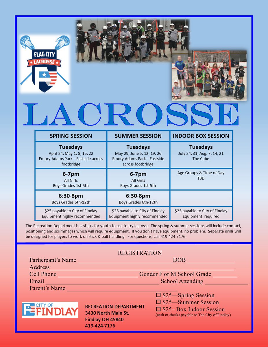 FindlayRec's tweet photo. Spring Lacrosse
Tuesdays - Emory Adams Park over footbridge
6-7pm - All Grades Girls &amp; Boys Grades 1st-5th
6:30-8pm - Boys Grades 6th-12th https://t.co/CRBlnZvy5G